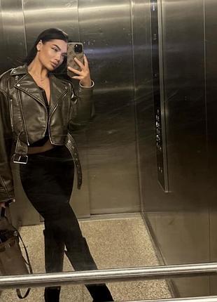 Шкіряна косуха zara в оливковому кольорі