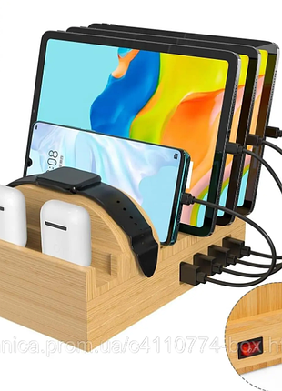Bamboo byy-a-6922 7-портова зарядна станція usb для смартфонів, планшетів, смарт-годинника, швидке заряджання 50 вт, бамбук