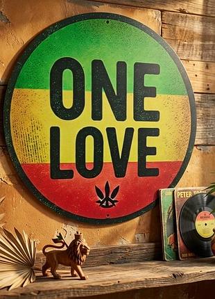 Металлическая винтажная табличка one love в стиле регги 20х20 см