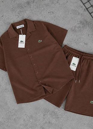 Чоловічий коричневий льняний костюм комплект сорочка і шорти lacoste