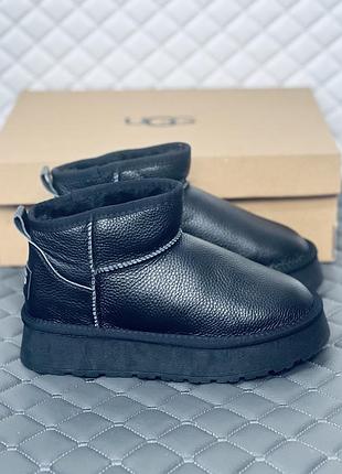 Шкіряні ультраміні уги на платформі жіночі ugg ultra mini шкіра зима чорні 37