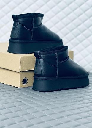 Шкіряні ультра міні уги жіночі ugg ultra mini шкіра зима чорні