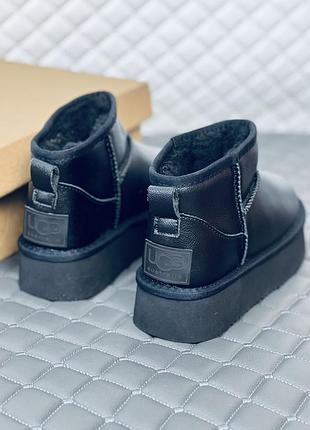 Шкіряні ультраміні уги на платформі жіночі ugg ultra mini шкіра зима чорні 37