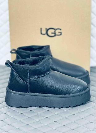 Шкіряні ультра міні уги жіночі ugg ultra mini шкіра зима чорні