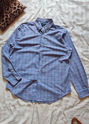 Винтажная рубашка ральф лорен ralph lauren ckassic fit голубо-розовая клетка хлопково поплиновый хлопок коттон с длинным рукавом длинный рукав