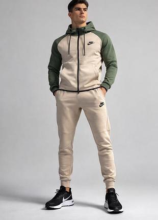 Чоловічий спортивний костюм nike tech fleece premium бежевий оливковий на осінь/весну,трикотажний костюм на манжеті