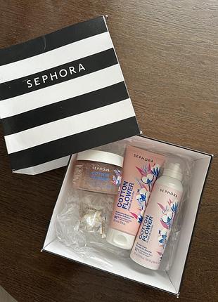 Подарунковий набір sephora cotton flower, піна, лосьйон, скраб, бомбочка