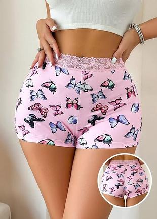 Эластичные нежные шортики с кружевом 🦋 розовые пижамные шорты с бабочками 🌴 домашние шорты для сна и дома размер l 🎯 женские мини-шорты домашней одежды