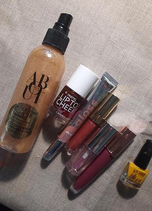 Великий мікс-лот косметики + сяючий міст / l'oreal, pastel, about sun б/в, блиск для губ, лак для нігтів, літній набір
