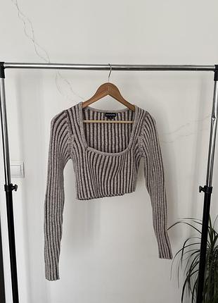 Кроп-светр prettylittlething m у рубчик, меланжевий бежево-коричневий