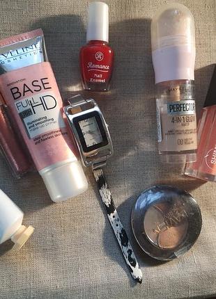 Микс-лот косметики + наручные часы / maybelline, eveline, revuele б/в, база под макияж, тени для век, лак для ногтей