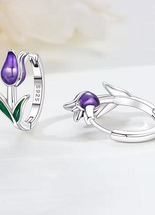 Сережки жіночі кільця срібні s925 фіолетові квіти нові
