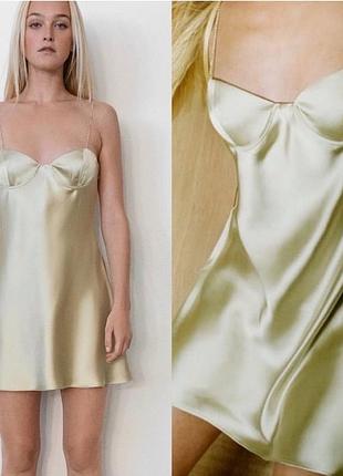 Жіноча сатинова мінісукня zara jewel strap лимонно-оливкового кольору  розмір с