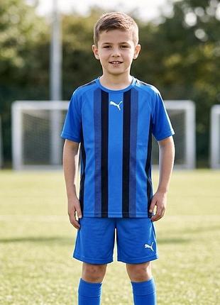 Стильна синьо чорна спортивна футбольна форма puma (футболка +шорти) для тренувань,гри в футбол,фітнесу або активного відпочинку. ріст 164-175 см