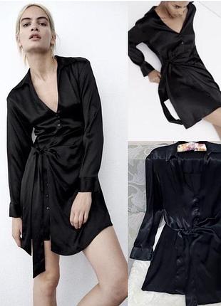 Жіноча чорна сатинова сукня-сорочка на запах zara  розмір м