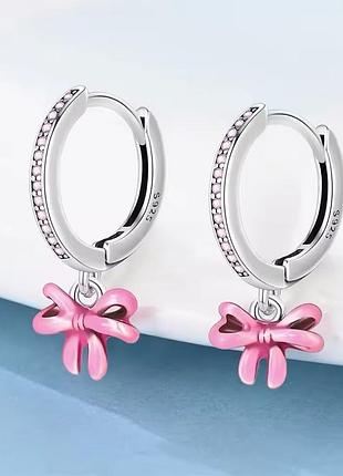 Серьги серебро 925 банты розовые