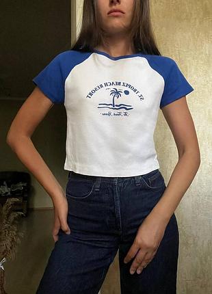 Укороченная футболка в рубчик с надписью от primark