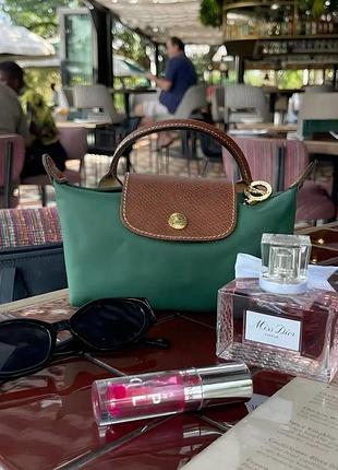 Сумка женская longchamp pochette мини кросс-боди зеленая длинная ручка нейлон короткая ручка