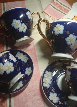 Чайный сервиз, неполный,2 чашечки,2 блюдца,заварочный чайник и сахарница.красивый.синий цвет с цветочным орнаментом,идеальное состояние.1980 года