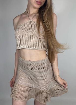 В'язаний літній костюм кроше топ та спідниця shein
