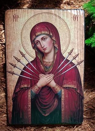 Панно на дереве «икона божих матери семистрельная» 19×28 см, толщина 3 см