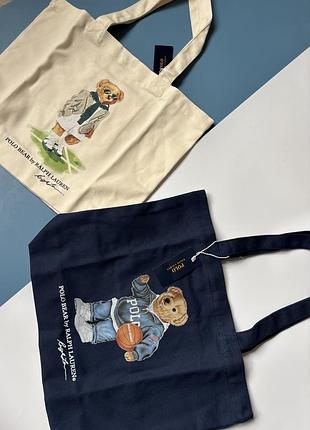 Сумка женская polo ralph lauren bear шоппер темно-синяя светлая молочная с принтом с мишкой акция розродаж скидка хлопок