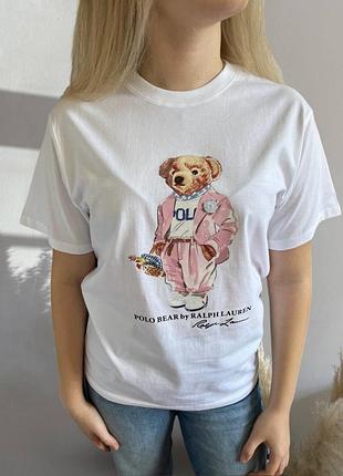 Футболка жіноча polo ralph lauren bear базова біла темно-синя з ведмедиком з принтом бавовна xs s m l с м л акція розпродаж знижка