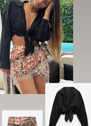 Чорна льняна сорочка з вузлом zara / 100% льон