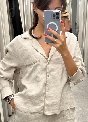 Лляна сорочка з окантовкою zara / лляні шорти з окантовкою / костюм