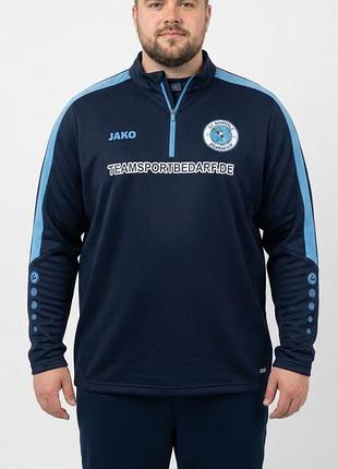 Мужская спортивная кофта-реглан jako zip top power) в темно-синем цвете с голубыми вставками.