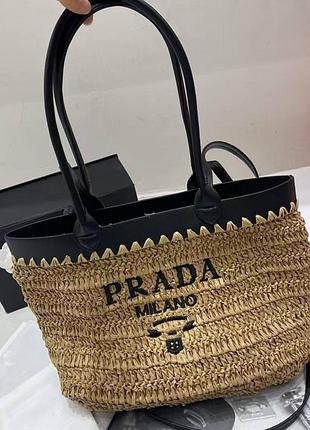 Сумочка прада prada коричнева з чорним з лого плетіна з двома ручками