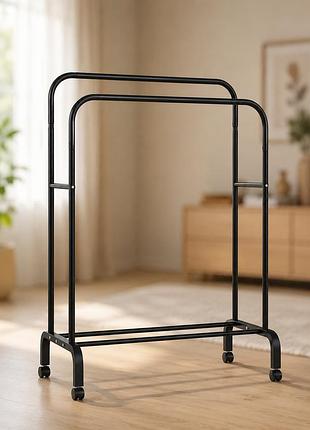 Двухъярусный вешалка-стойка loft black с колесами и полкой для обуви 150×110×57 см