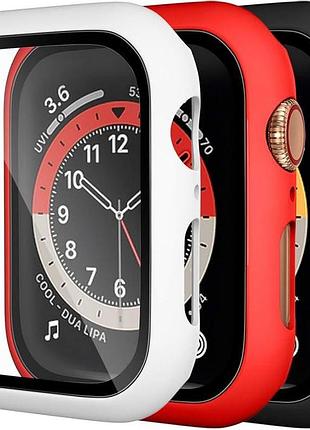Набір 3 шт. захисний чохол зі склом для смарт годинника apple watch 44mm - 4, 5, 6, se. кольори: чорний, білий та червоний
