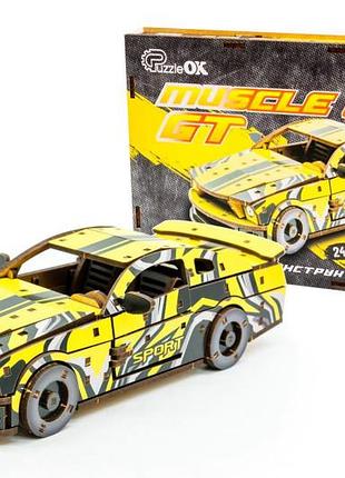 Конструктор puz-00638 "muscle car" дерев'яний, 162 дет., жовтий колір, розмір моделі 24х9х7 см puzzleok