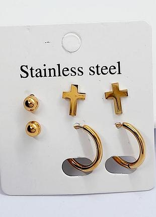 Сережки комплект stainless steel 18k. ( 3 пари )