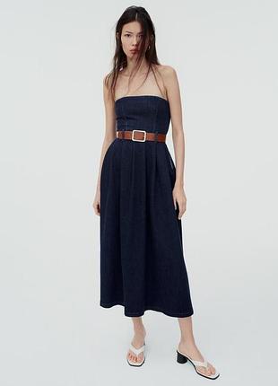 Zara синє базове джинсове коротке міді плаття сарафан сукня літнє повсякденне спортивне розкльошоне з відкритими плечима р. xs s