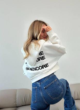 Худі жіноче на блискавці з капюшоном та принтом ardencore на спині тринітка на флісі р. 42-46 білий (5/201)