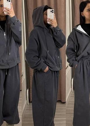 Стильный теплый женский спортивный костюм на флисе оверсайз 42-46, 48-50 графит, 42/46