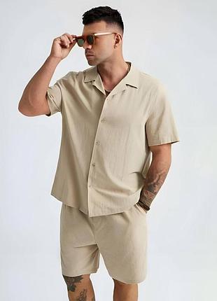 Легкий летний мужской костюм (рубашка+шорты) лен 46-48,50-52,54-56 бежевий, 50-52
