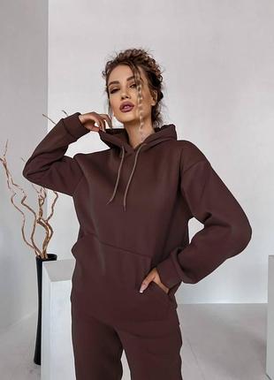 Стильный теплый женский спортивный костюм (худи с капюшоном+джогеры) на флисе 42-44, 46-48, 50-52 шоколад, 50-52
