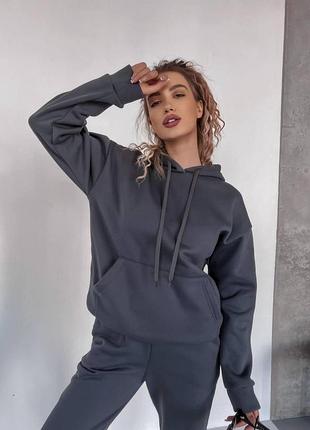Стильный теплый женский спортивный костюм (худи с капюшоном+джогеры) на флисе 42-44, 46-48, 50-52 графит, 50-52