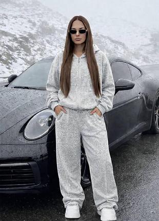 Стильный женский спортивный костюм (кофта+палаццо) велюр плюш 42-46,48-52,54-56 светло-серый, 48-52