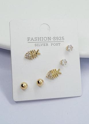 Сережки пусети stainless steel 14k. комплект( 3 пари)