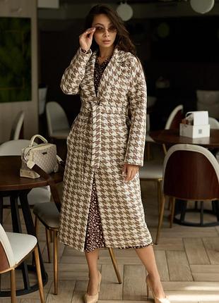Пальто гусяча лапка l-xl. коричневий з бежевим