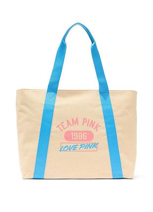 Пляжна сумка victoria’s secret pink team pink 1986 бежева з блакитними ручками, на блискавці, з підкладкою