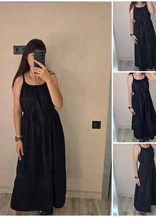 Черное хлопковое платье миди от h&amp;m с регулируемыми бретельками и вышивкой прошва