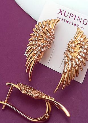 Сережки крила, xuping 18k + родій. 2,6 см.