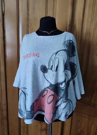 Футболка серая меланж принт mickey mouse большой размер натуральная ткань