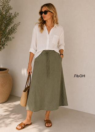 Спідниц міді с льону 100% h&m хакі