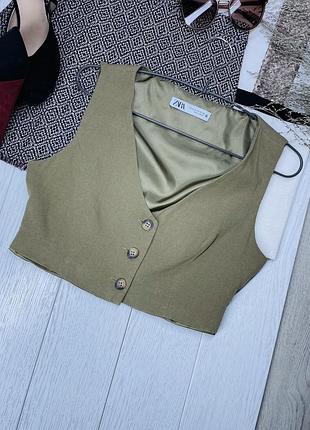 Літній жилет zara xs короткий жилет на ґудзиках з льону лляний жилет костюмний зара